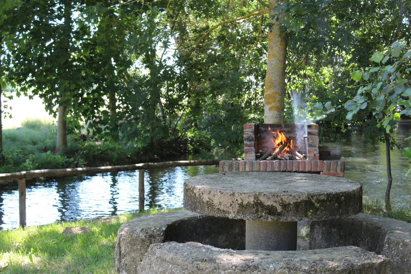 Exterior · barbacoa junto al río, a la sombra de los árboles.